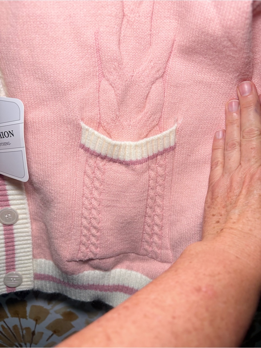 NWT Pink Cable Knit Varsity Cardigan | Oversized Preppy Cottagecore Sweater - Picture 7 of 10